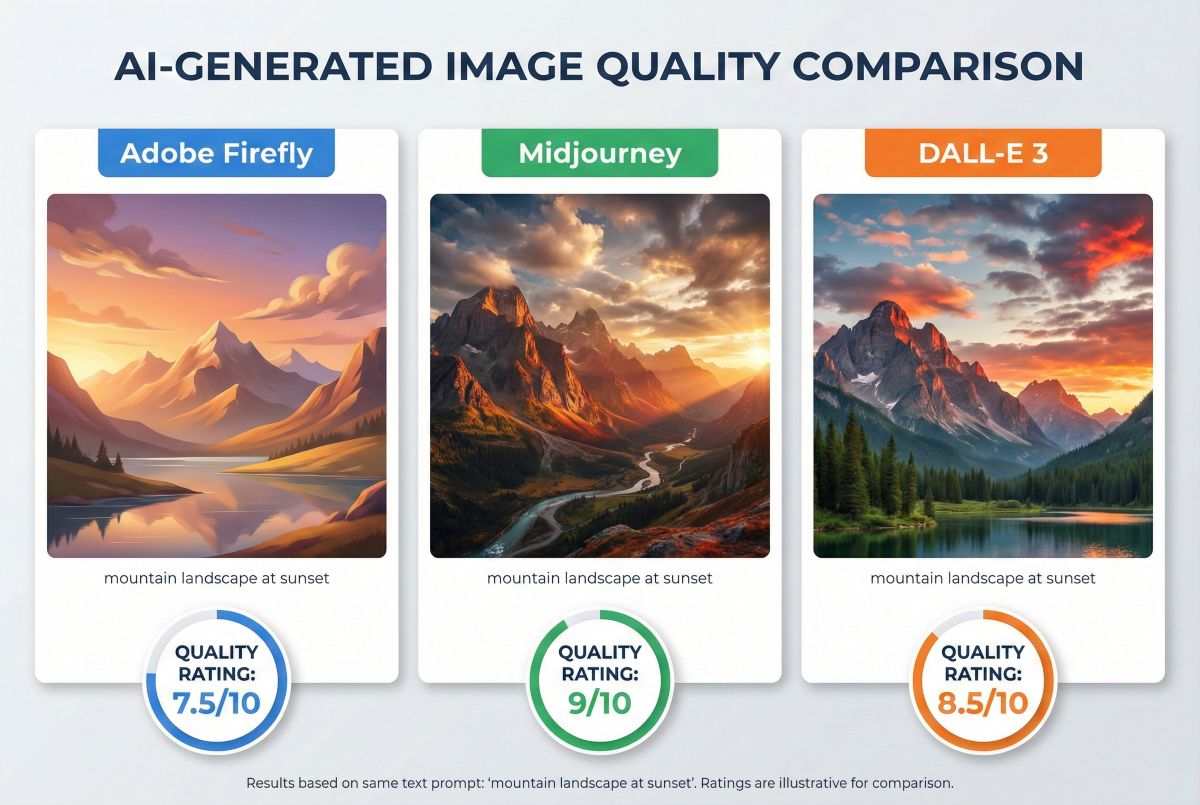Adobe Firefly image quality comparison with Midjourney and DALL-E 3 showing AI-generated landscape results and quality ratings