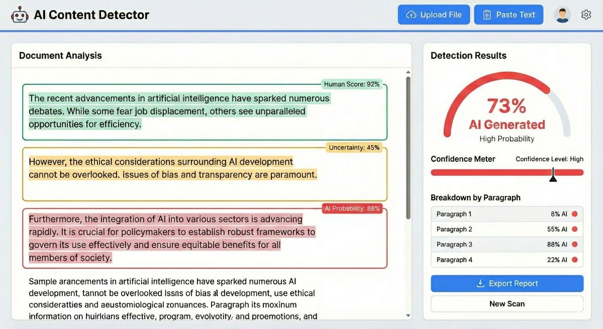 Screenshot mockup of an AI detection tool dashboard showing a 73% AI score and text highlights