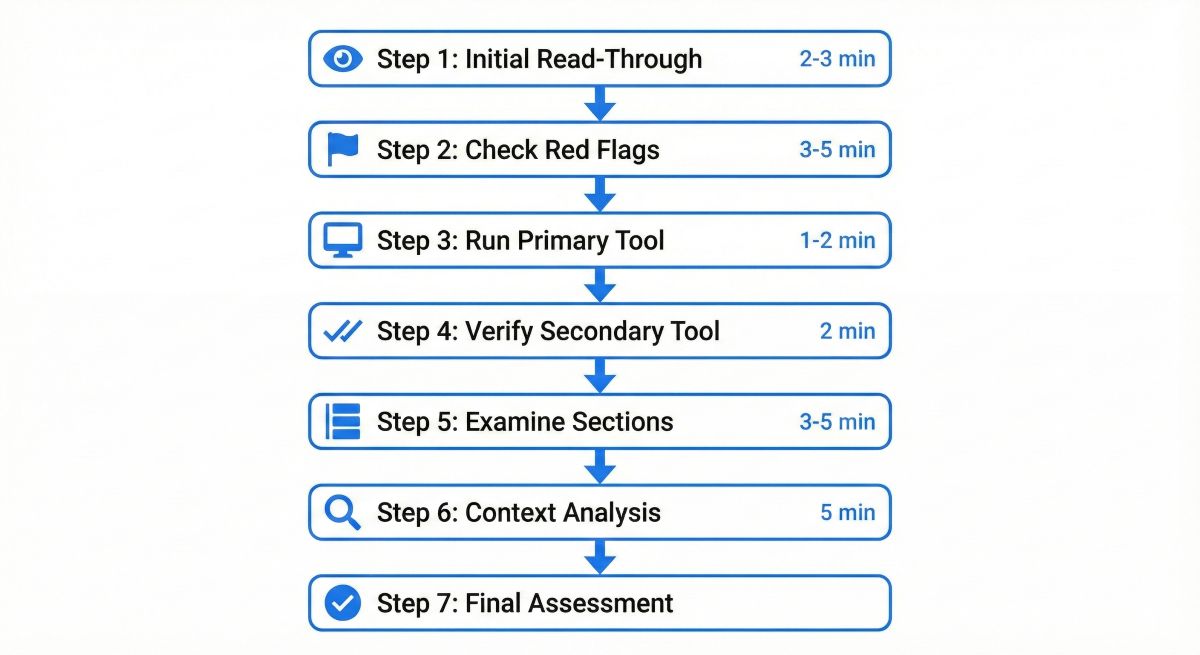 Flowchart showing the 7-step process for detecting AI content from initial read to final assessment