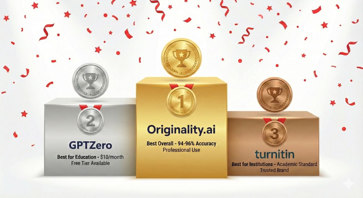 Winner's podium graphic. Center Gold Medal: Originality.ai (Best Overall). Left Silver Medal: GPTZero (Best for Education). Right Bronze Medal: Turnitin (Best for Institutions).