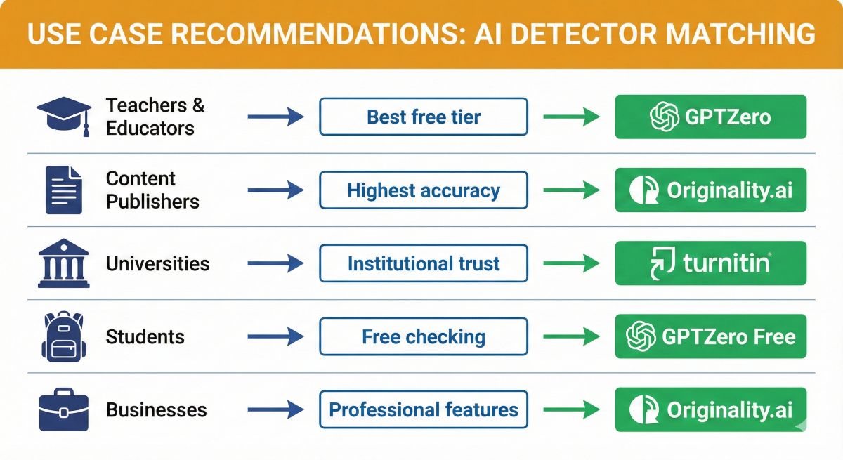 Use case flow chart. Teachers and Students are recommended to use GPTZero. Content Publishers and Businesses are recommended to use Originality.ai. Universities are recommended to use Turnitin.