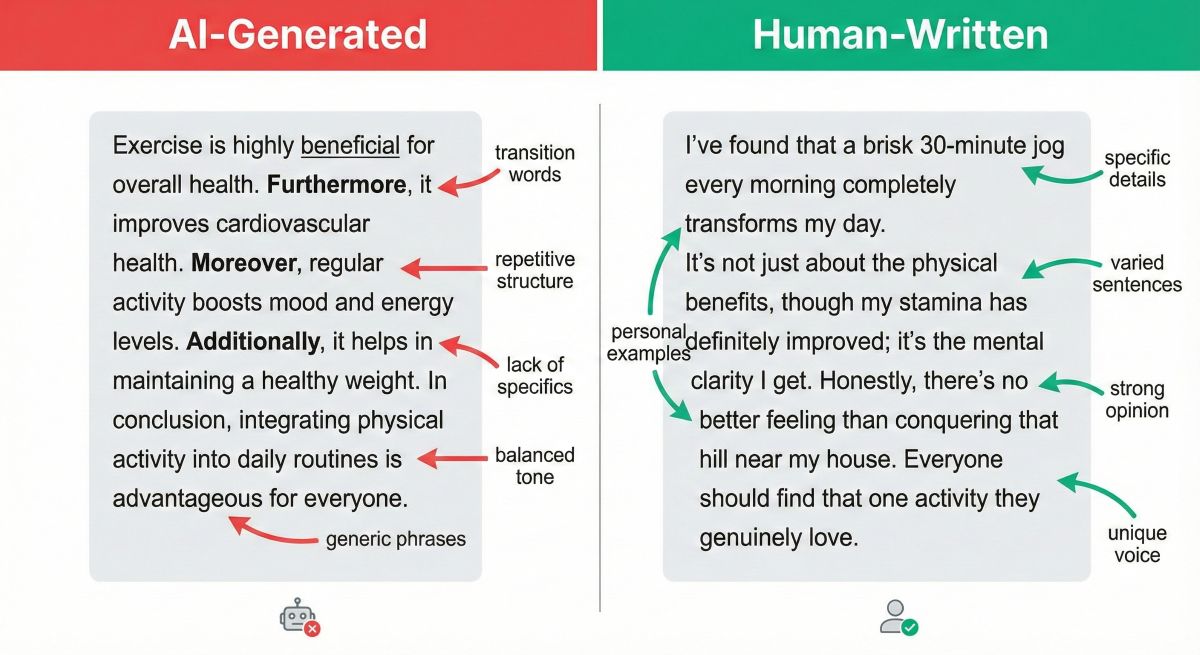 Side-by-side text analysis comparing AI repetitive structures vs human varied sentence length