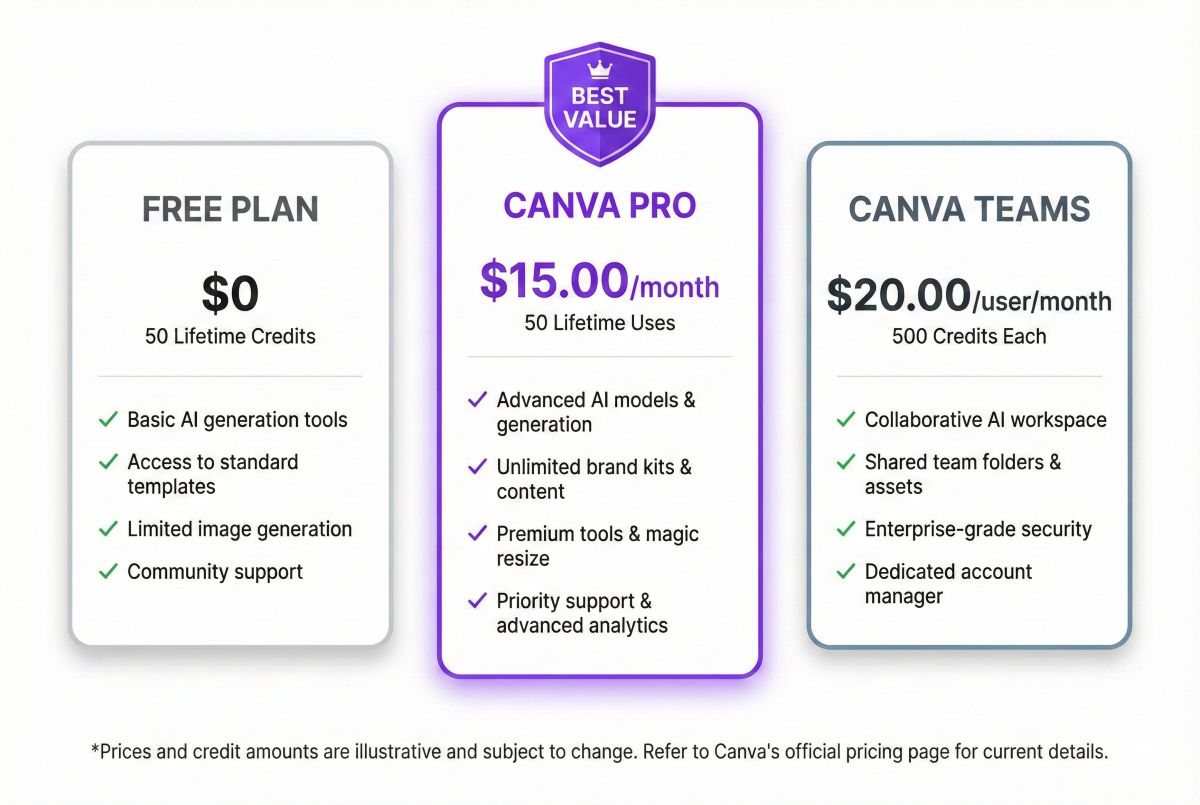 Canva AI pricing comparison showing Free tier with 50 lifetime credits, Pro at $12.99/month with 500 credits, and Teams at $14.99/user with shared credits