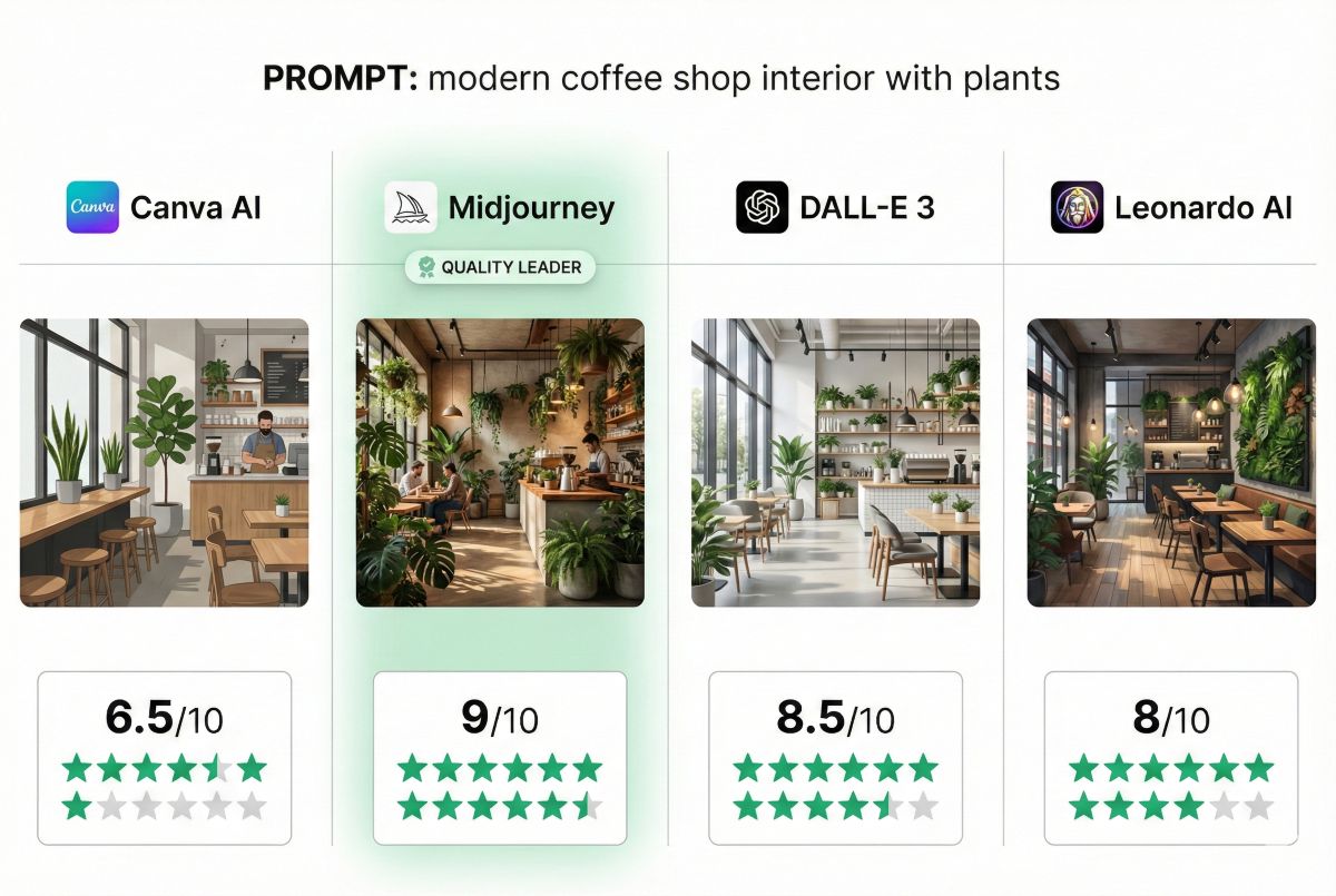 Canva AI image quality comparison showing 6.5/10 rating versus Midjourney 9/10, DALL-E 3 8.5/10, and Leonardo AI 8/10 with same prompt