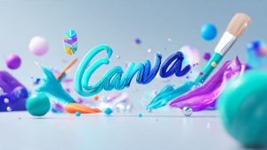 A high-quality 3D render featuring a glossy, fluid Canva logo in turquoise and blue, surrounded by floating creative elements like paintbrushes, palettes, and purple liquid splashes, illustrating AI-powered design capabilities for a 2026 tech review.