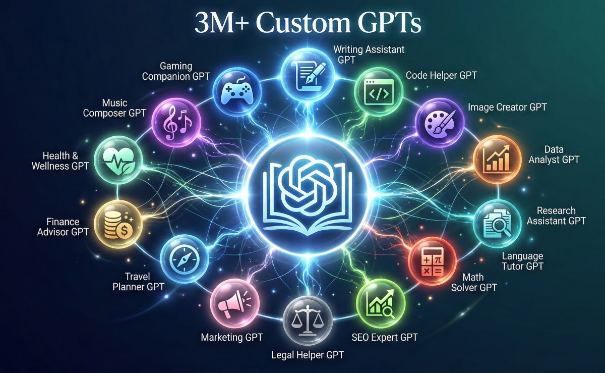 ChatGPT GPT Store ecosystem visualization showing custom GPTs for writing, coding, design, data analysis, research, languages, and business applications