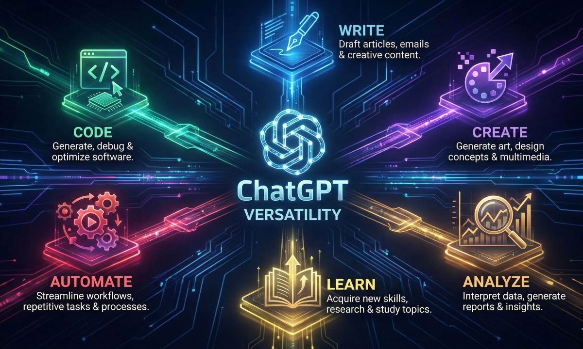 ChatGPT use cases diagram showing six main applications: coding, writing, image creation, data analysis, learning, and workflow automation