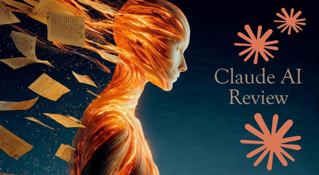 Claude AI hero image showing elegant orange AI form with flowing text streams, documents, and writing elements in warm coral tones