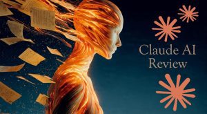 Claude AI hero image showing elegant orange AI form with flowing text streams, documents, and writing elements in warm coral tones