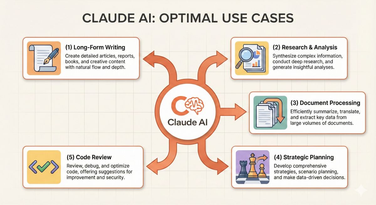Claude AI use cases hub diagram showing five optimal applications: long-form writing, research and analysis, document processing, strategic planning, and code review