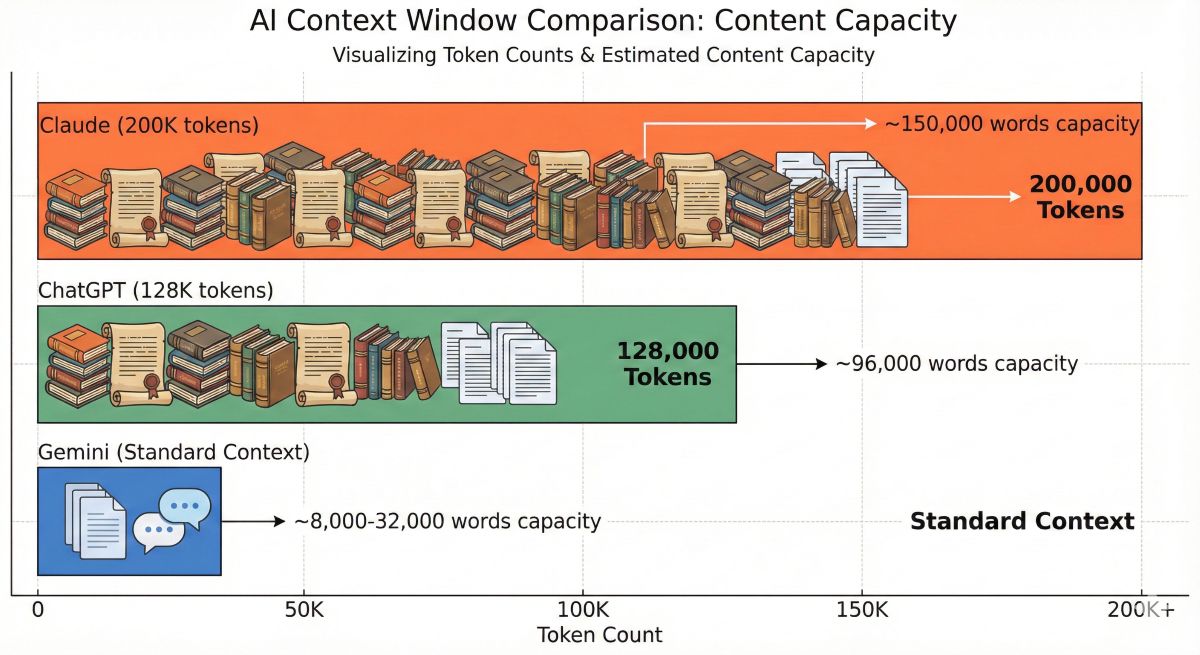 Context window comparison chart showing Claude AI at 200K tokens (largest), ChatGPT at 128K tokens, and Gemini, with visual representation of document capacity