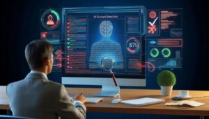 AI content detection guide: person analyzing text on computer with detection software showing highlighted AI-generated passages and accuracy percentage