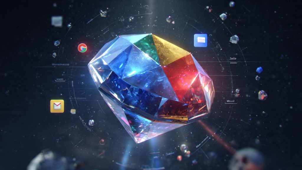 Gemini AI 2026 hero image showing multicolored gemstone connecting to Google Workspace apps Gmail, Docs, Drive, Sheets with neural network patterns
