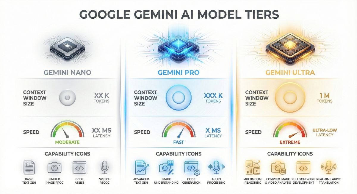 Gemini AI model comparison showing Nano, Pro, and Ultra tiers with context windows, speed, and capability differences visualized