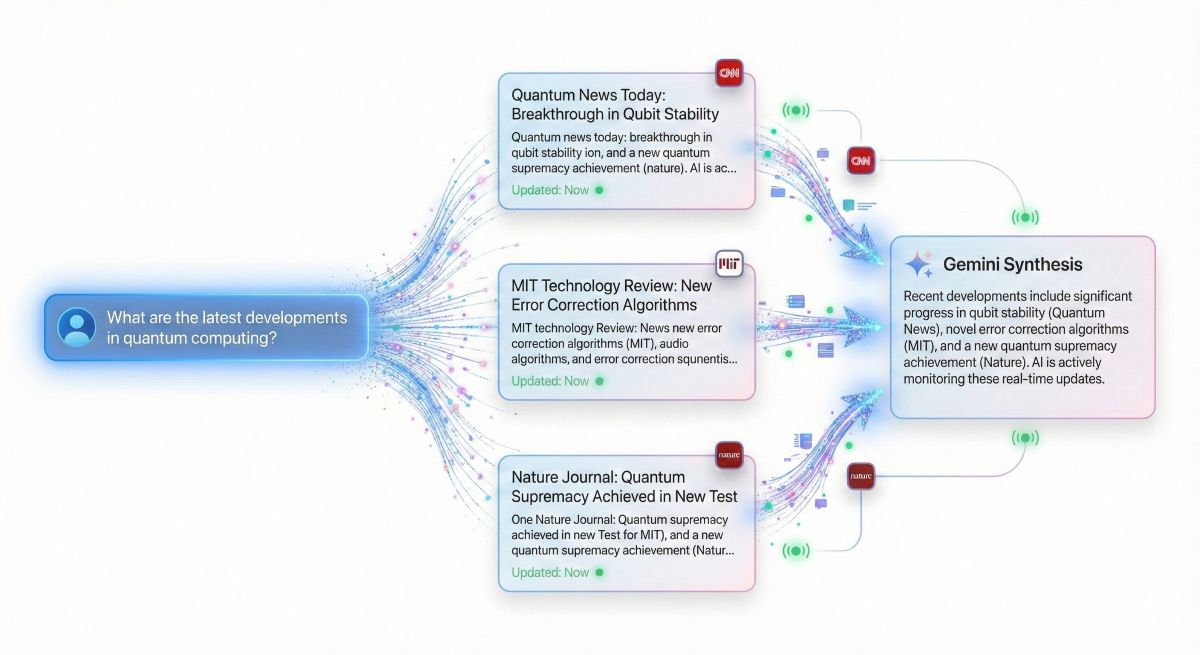 Gemini AI real-time search visualization showing web query, multiple source cards with citations, and synthesized answer with live update indicators