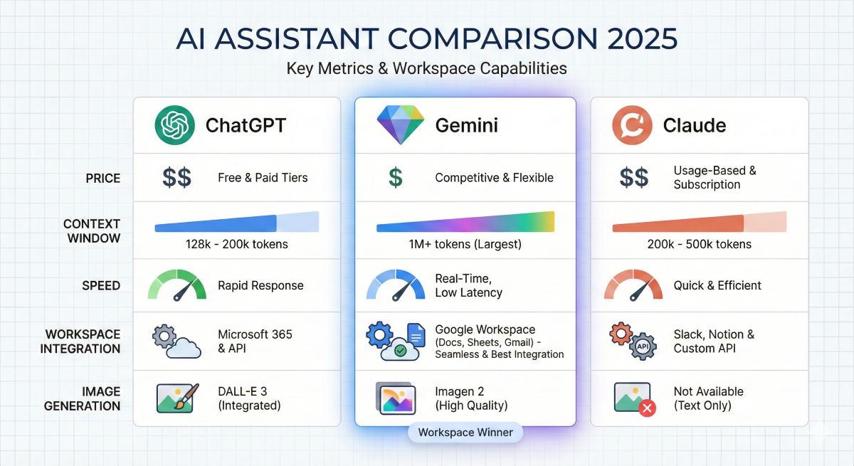 AI chatbot comparison chart showing Gemini, ChatGPT, and Claude with metrics for price, context window, speed, workspace integration, and image generation