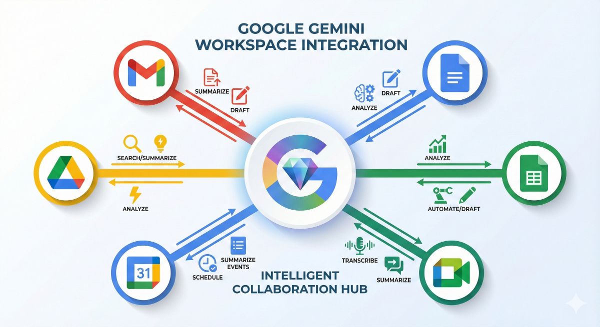 Gemini AI workspace integration diagram showing connections to Gmail, Google Docs, Drive, Sheets, Calendar, and Meet with AI capabilities
