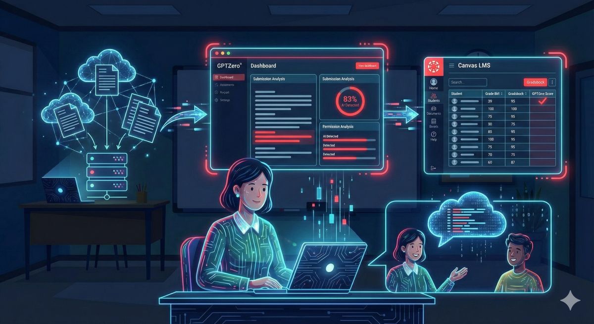 Modern illustration of a teacher using GPTZero dashboard to analyze student assignments and grade via Canvas LMS integration