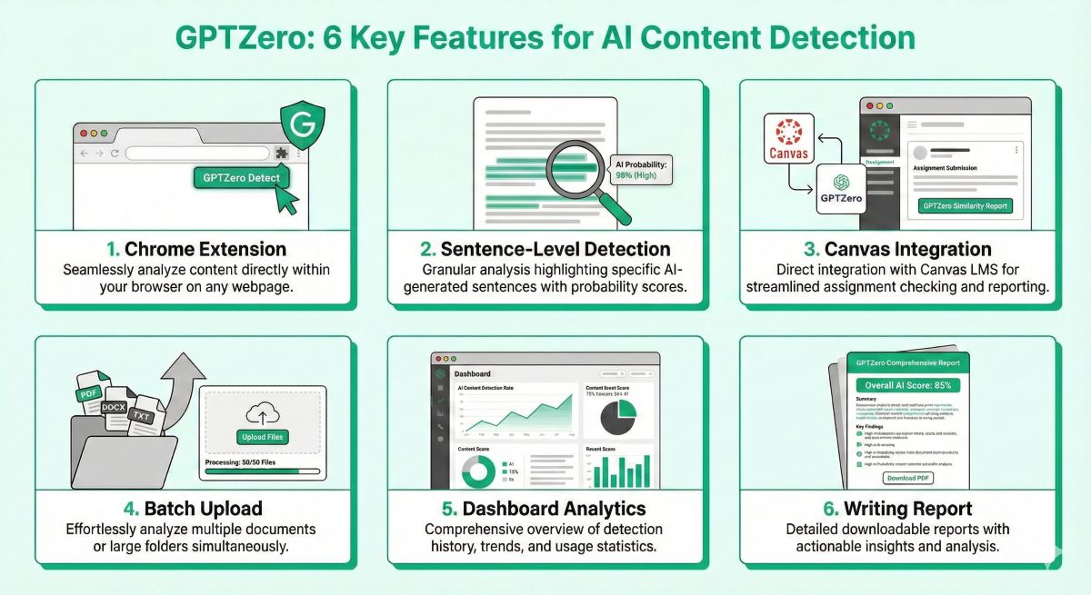 Infographic displaying 6 key GPTZero features including Chrome Extension, Canvas LMS integration, and Batch Upload in emerald green style