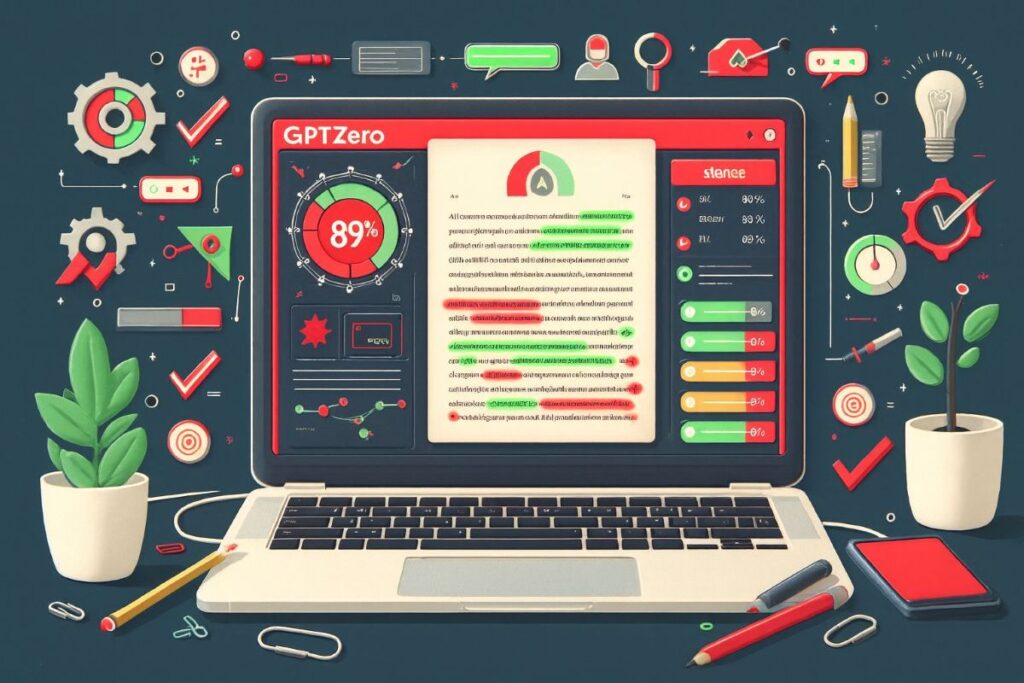 GPTZero AI detector interface showing student essay analysis with sentence-level highlighting and accuracy percentage for academic integrity verification