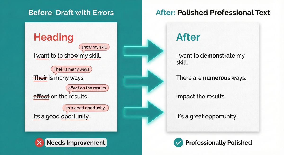 A Before and After comparison infographic. The left panel shows a draft paragraph with red error highlights. Large teal arrows point to the right panel showing the polished, error-free text in teal.