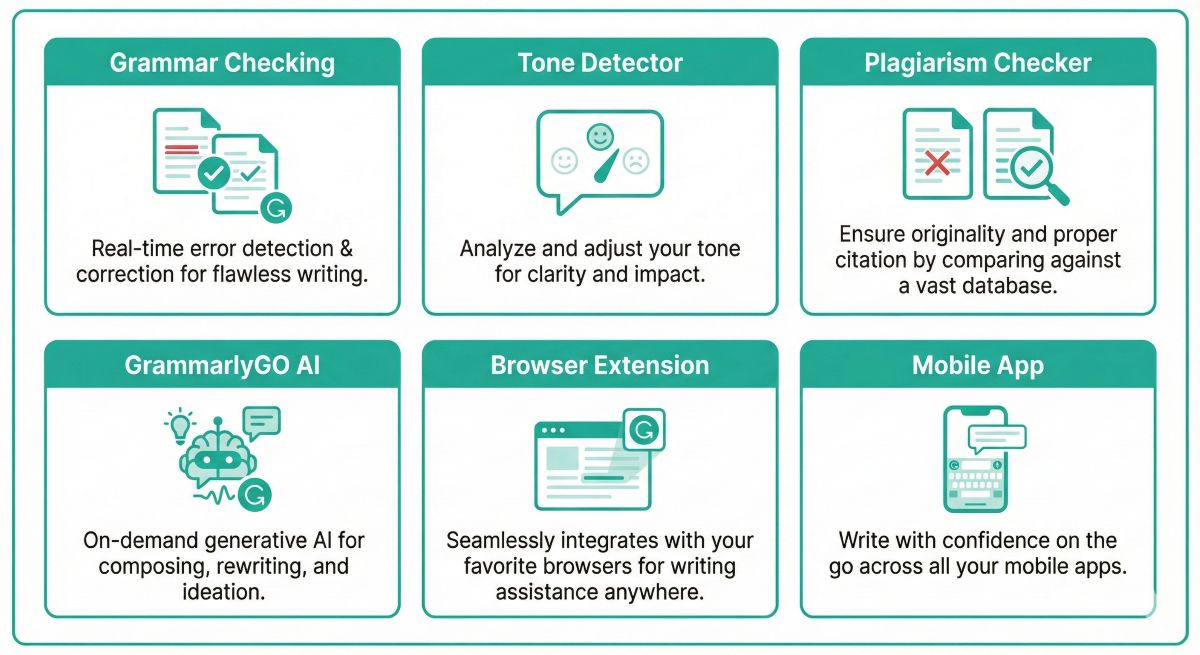 A six-panel infographic grid using teal icons to display Grammarly's main features including Grammar Checking, Tone Detector, Plagiarism Checker, GrammarlyGO AI, Browser Extension, and Mobile App.