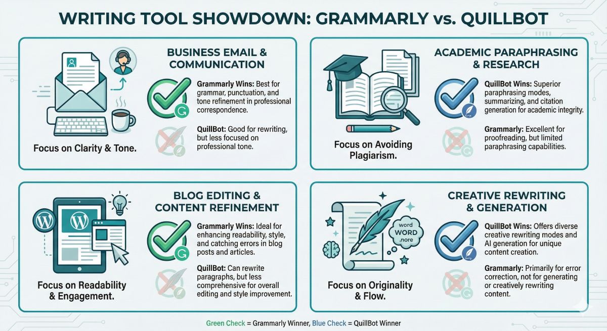 A four-panel infographic illustrating winning use cases. Panel 1 shows a business email icon with a green checkmark indicating Grammarly wins. Panel 2 shows academic icons with a blue checkmark indicating QuillBot wins for paraphrasing. Panel 3 shows a blog editing icon with a green checkmark for Grammarly. Panel 4 shows creative writing icons with a blue checkmark for QuillBot.
