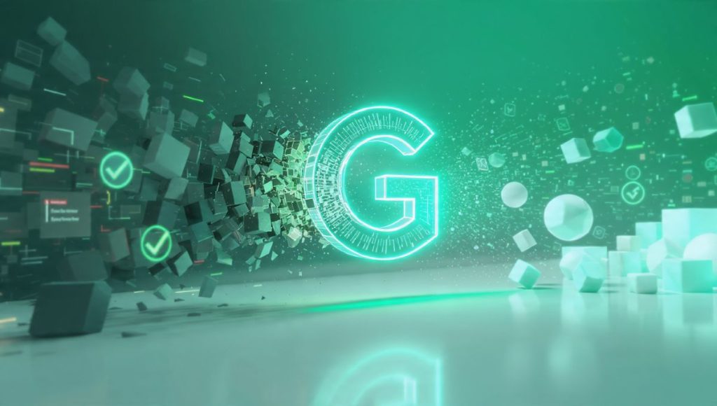 Futuristic 3D illustration of a glowing teal Grammarly logo transforming chaotic data into polished structure, representing the comprehensive Grammarly Review 2026 and its AI writing capabilities.