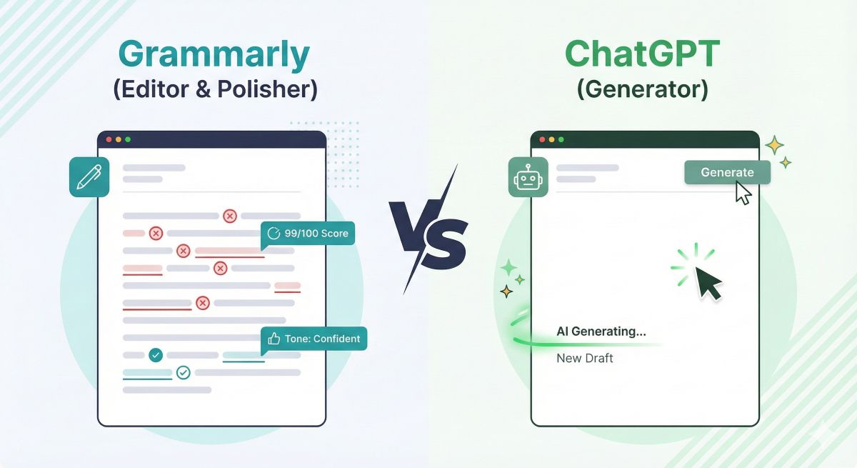 A split-screen illustration comparing AI models. Left side shows Grammarly editing an existing document with red marks; right side shows ChatGPT generating new content on a blank page with sparkles.