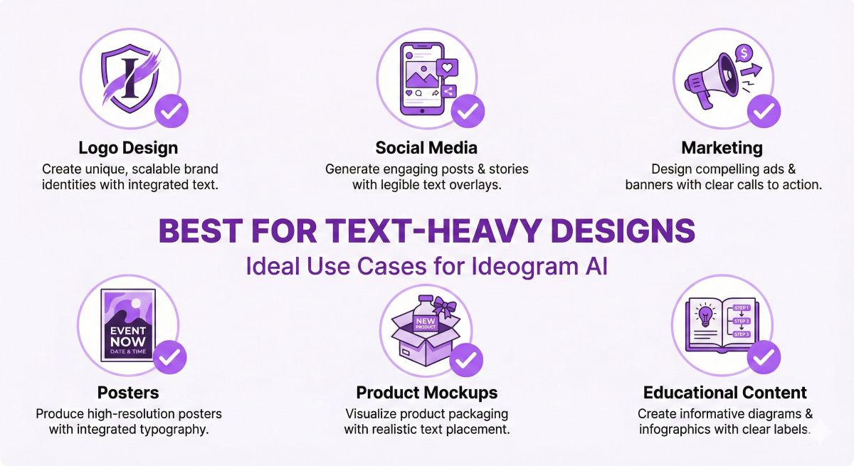 Ideogram AI best use cases including logo design, social media graphics, marketing materials, and posters