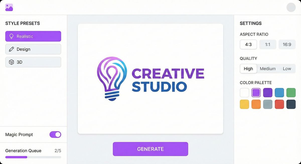 Ideogram AI user interface showing style presets, generation canvas, and settings for creating images with text