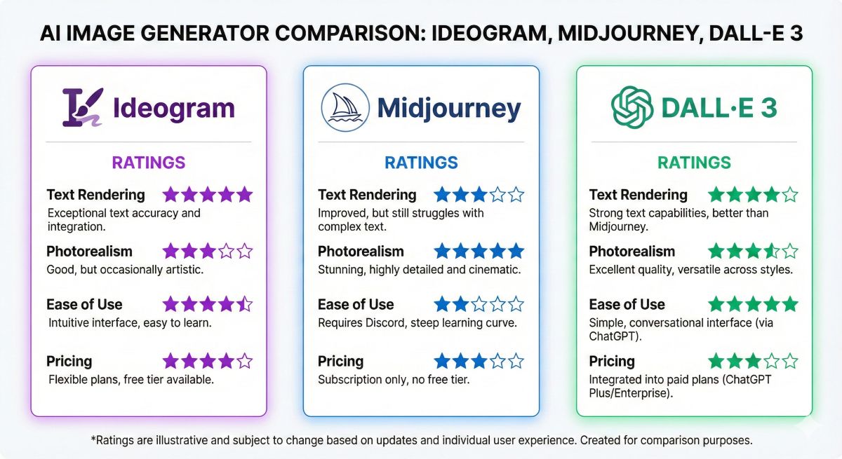 Comparison chart showing Ideogram AI, Midjourney, and DALL-E 3 ratings for text rendering, photorealism, and ease of use
