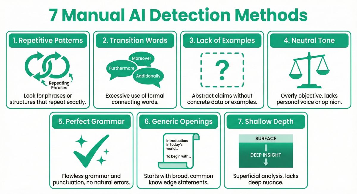 Infographic displaying 7 manual indicators of AI content including repetitive patterns and lack of examples