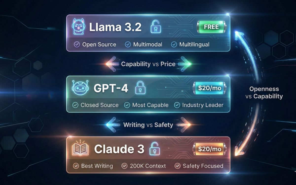 AI model comparison chart showing Llama 3.2 (free, open source), GPT-4 ($20/mo, most capable), and Claude 3 ($20/mo, best writing)