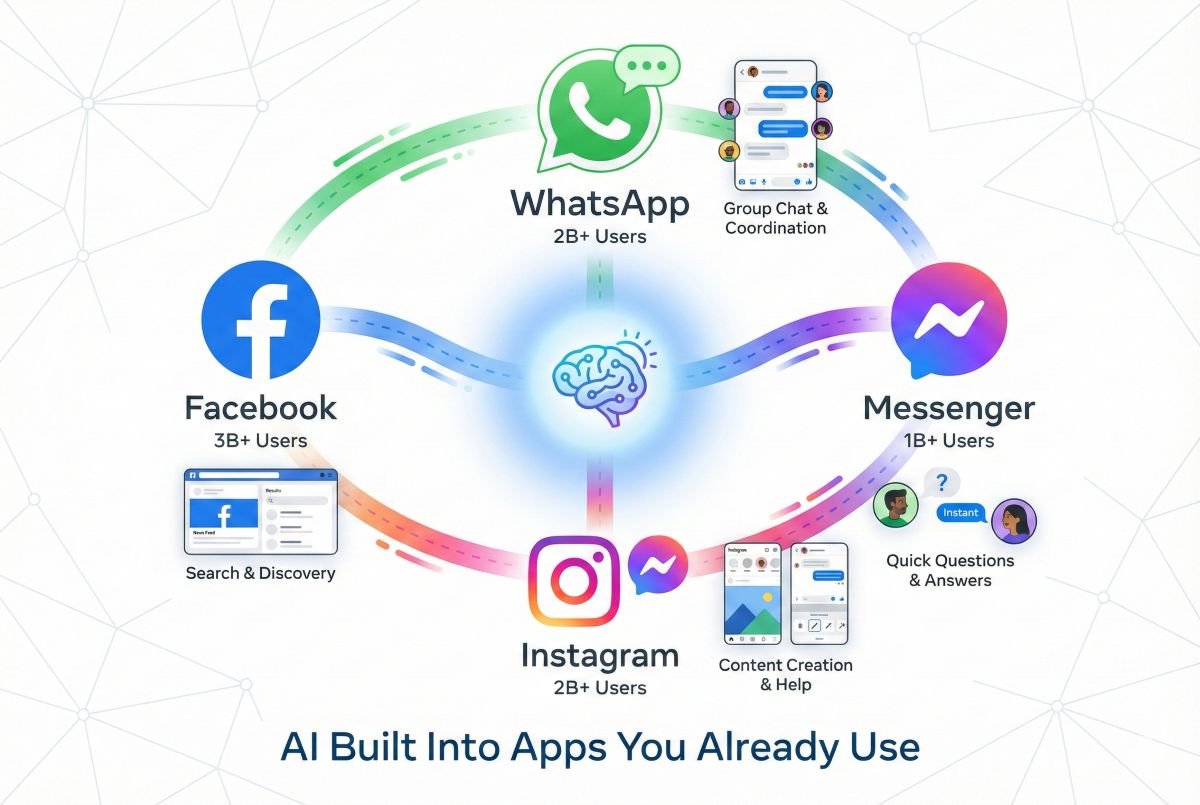 Meta AI platform integration diagram showing connections to WhatsApp (2B users), Messenger (1B users), Instagram (2B users), and Facebook (3B users)