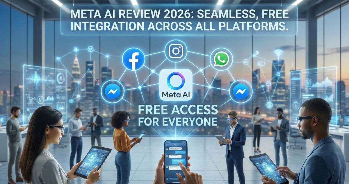 Meta AI use cases infographic showing group planning, quick questions, social content, student help, image creation, and daily chat - all free