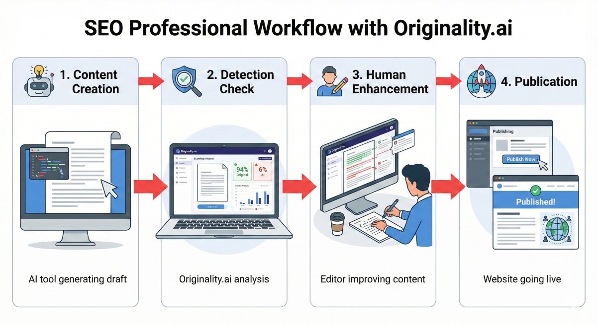Workflow diagram showing 4 steps: AI Content Creation, Originality.ai Detection Check, Human Editing, and Publication