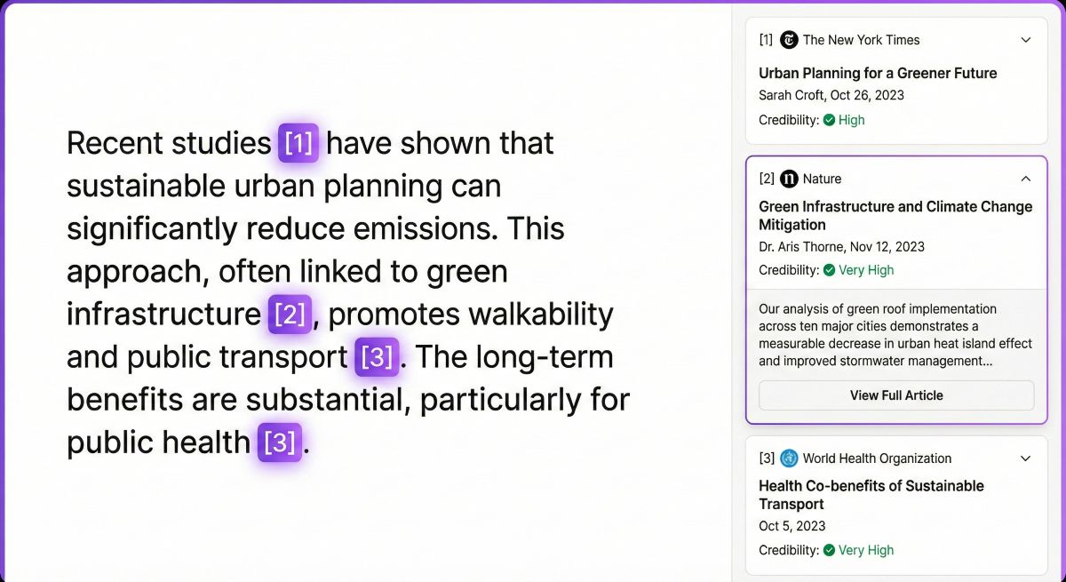 Perplexity AI interface showing inline numbered citations in answer text with expandable source cards displaying publication details, authors, and credibility indicators