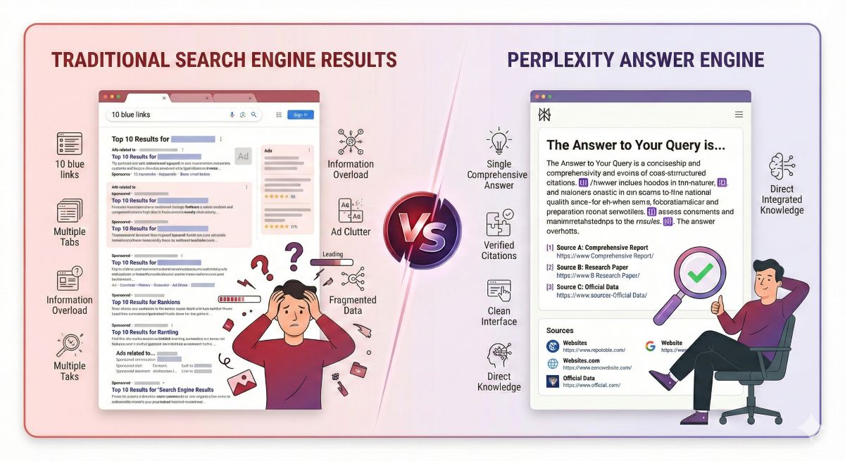 Split-screen comparison of traditional Google search with blue links versus Perplexity answer engine with synthesized answers and inline citations