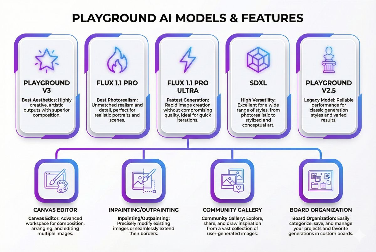 Playground AI models overview showing FLUX 1.1 Pro, FLUX Ultra, Playground V3, SDXL, and Playground V2.5 plus Canvas Editor, Inpainting, Community Gallery features