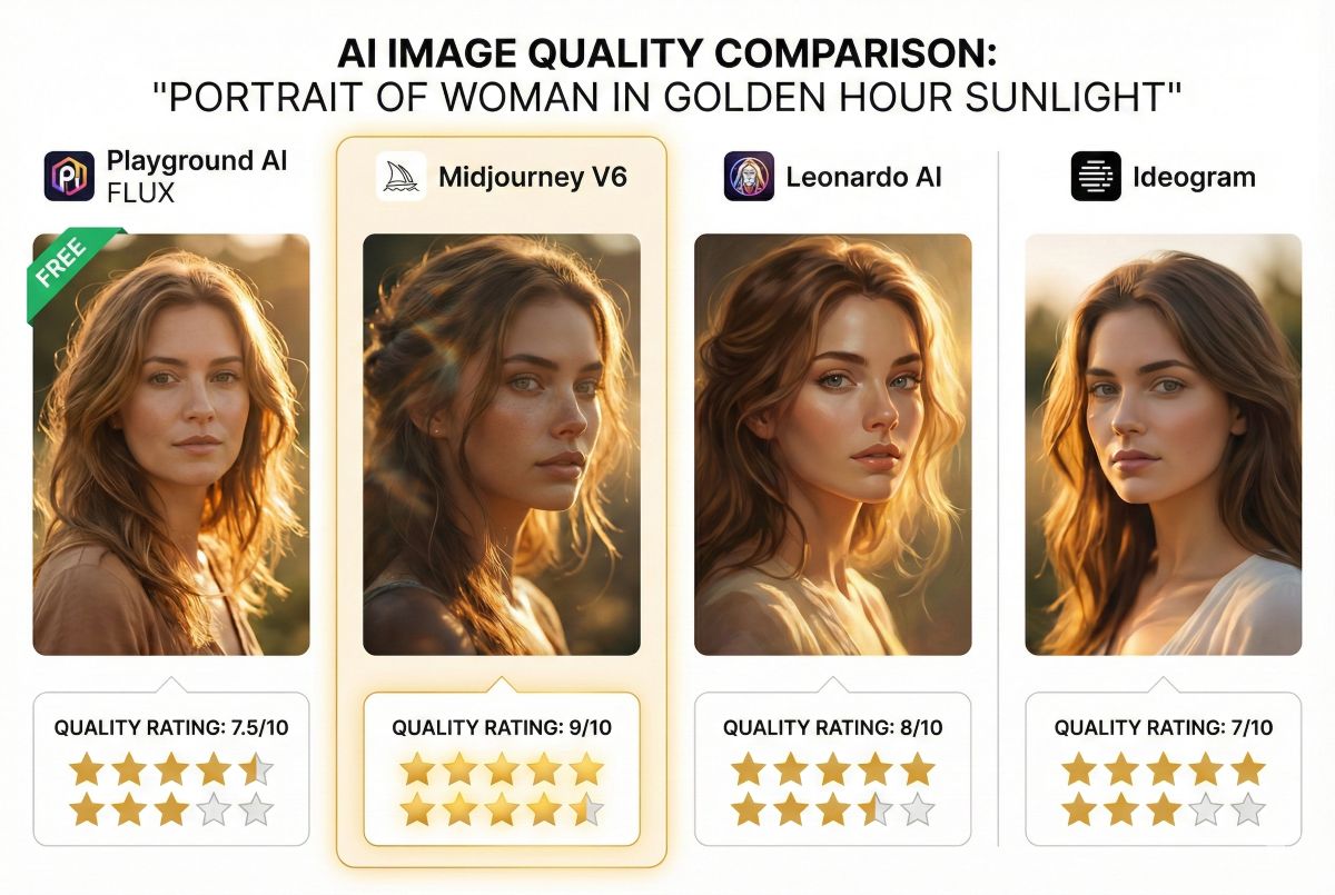 Playground AI image quality comparison showing 7.5/10 rating with FLUX versus Midjourney 9/10, Leonardo AI 8/10, and Ideogram 7/10 using same portrait prompt