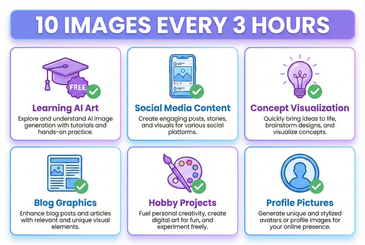 Playground AI best use cases infographic showing learning AI art, social media content, concept visualization, blog graphics, hobby projects, and profile pictures - all free