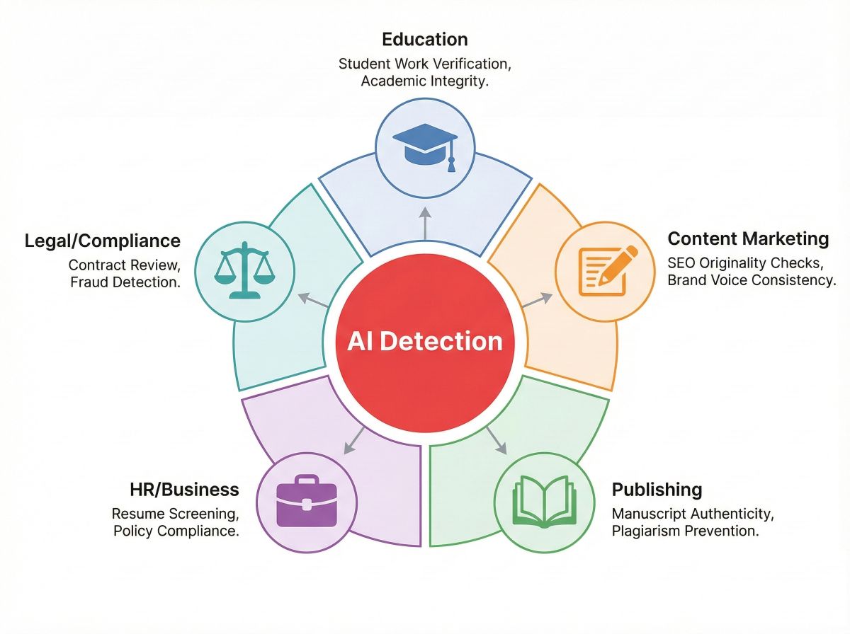 Hub diagram showing AI detector use cases across industries: Education for student work verification, Content Marketing for authenticity, Publishing for quality control, HR for applications, Legal for compliance
