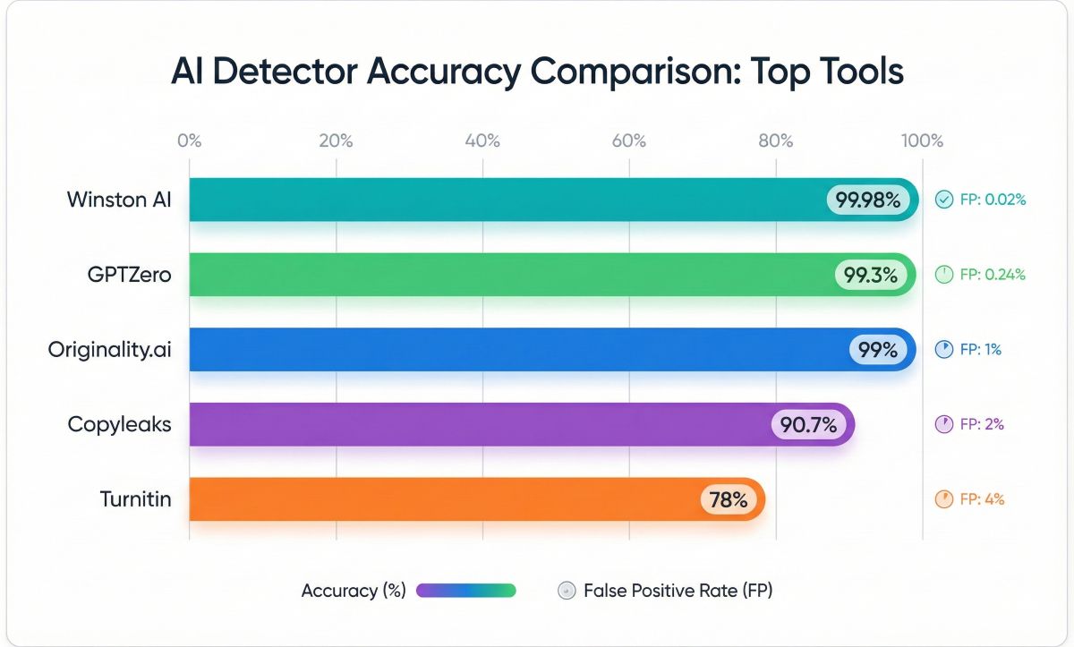 Bar chart comparing AI detector accuracy rates: GPTZero 99.3%, Originality.ai 99%, Winston AI 99.98%, Turnitin 78%, Copyleaks 90.7%