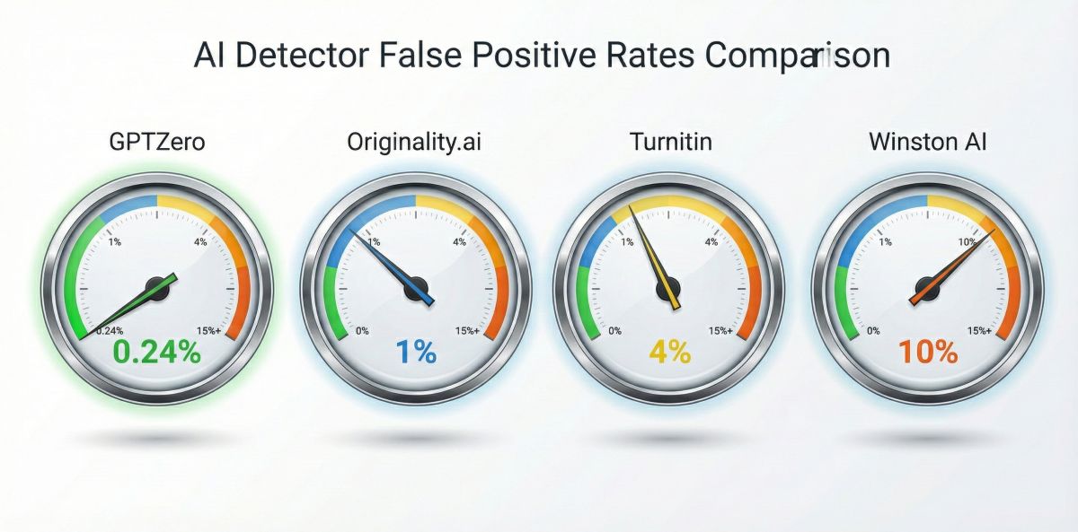 AI detector false positive rate comparison: GPTZero 0.24%, Originality.ai 0.5-1.5%, Turnitin 3-5%, Winston AI 8-12%