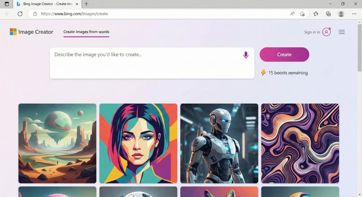 Bing Image Creator interface showing prompt input field, recent creations gallery, and boost credits indicator
