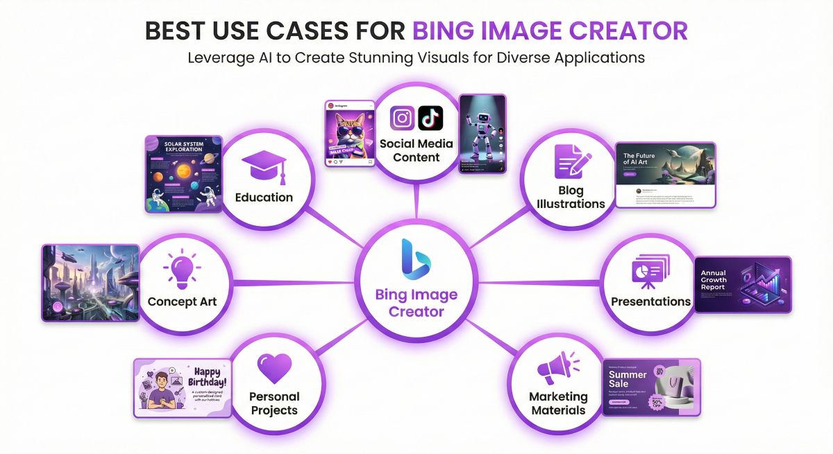 Infographic showing best use cases for Bing Image Creator including social media, blogging, presentations, and marketing