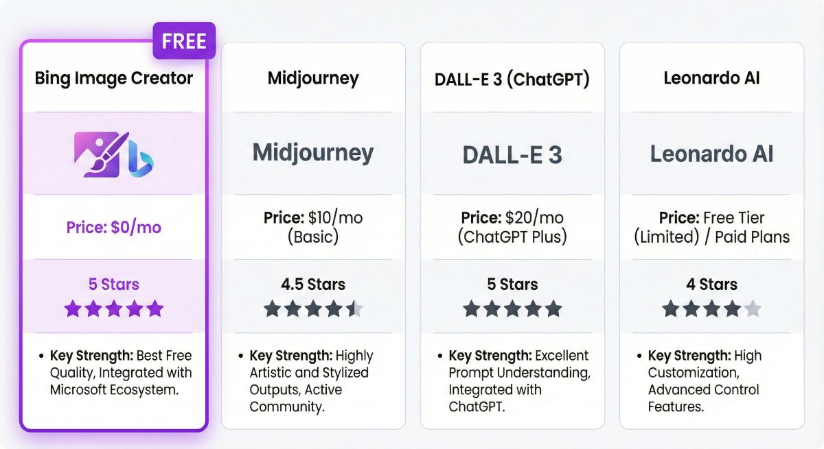 Visual comparison chart showing Bing Image Creator vs Midjourney, DALL-E 3, and Leonardo AI features and pricing