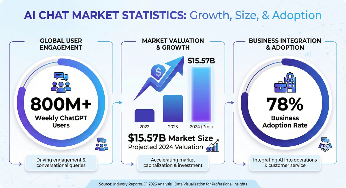Free AI chat adoption statistics 2026 showing 800M ChatGPT users, $15.57B market size, and 78% business adoption rate