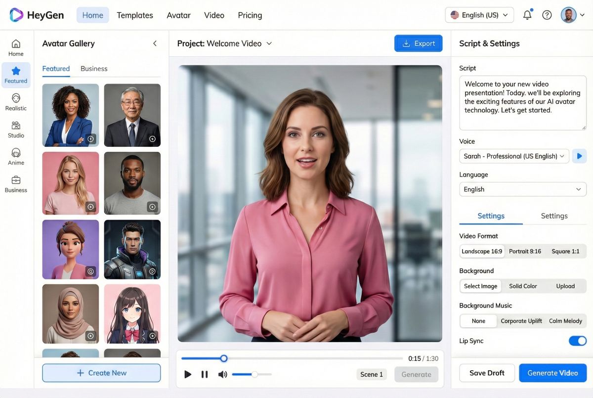 HeyGen AI dashboard interface showing avatar selection gallery and video editor workspace